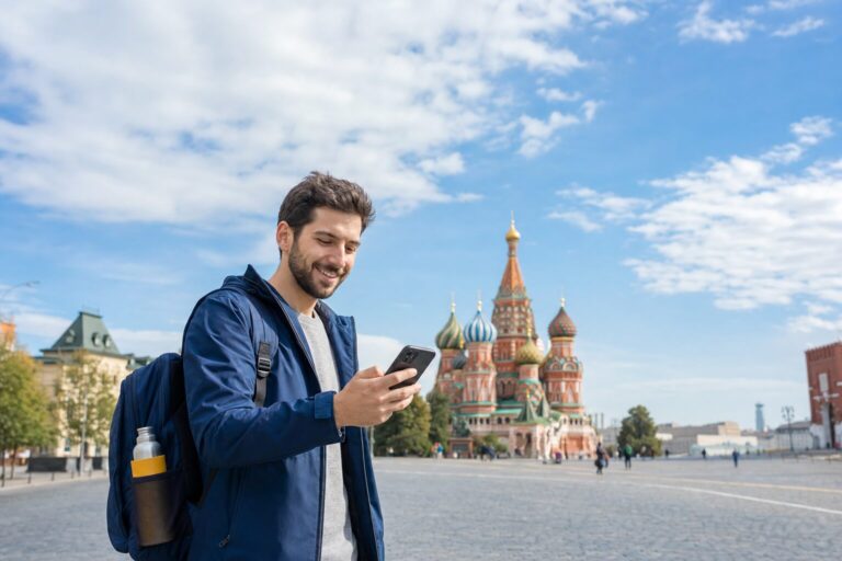 Russia roaming blocked websites 2026 : voyageur connecté avec une eSIM à Moscou