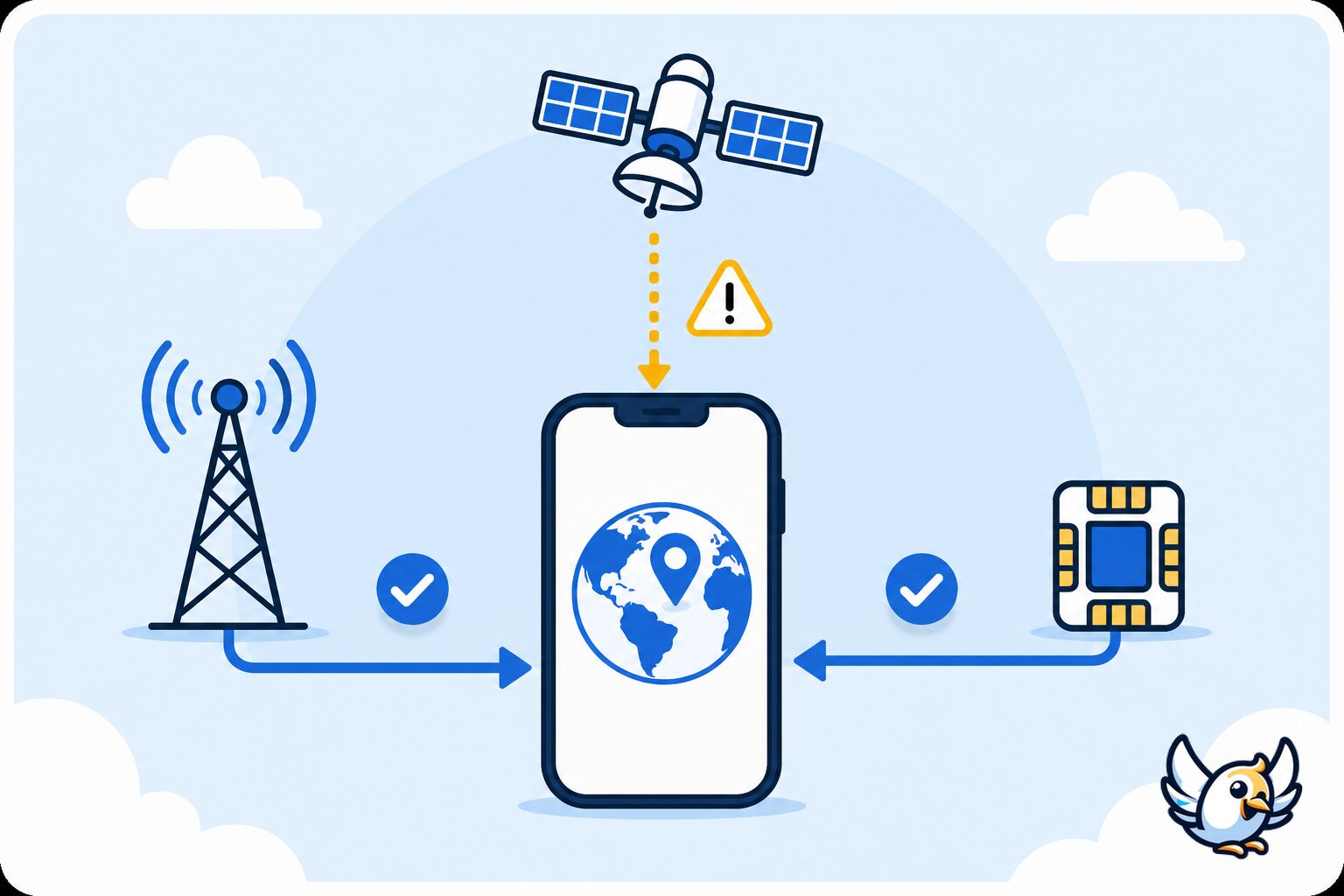 Schema ohne Text: Satellitenverbindung, Mobilfunknetz und eSIM am iPhone erkl&auml;rt