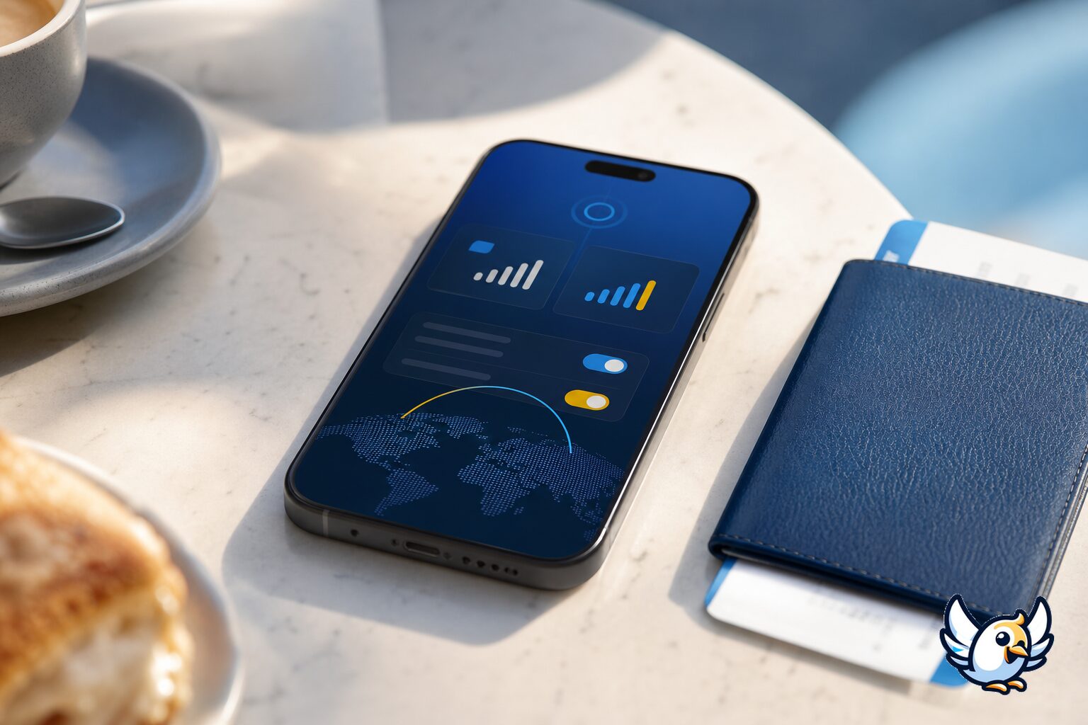 Smartphone avec une ligne Free et une eSIM voyage &agrave; c&ocirc;t&eacute; d&rsquo;un passeport