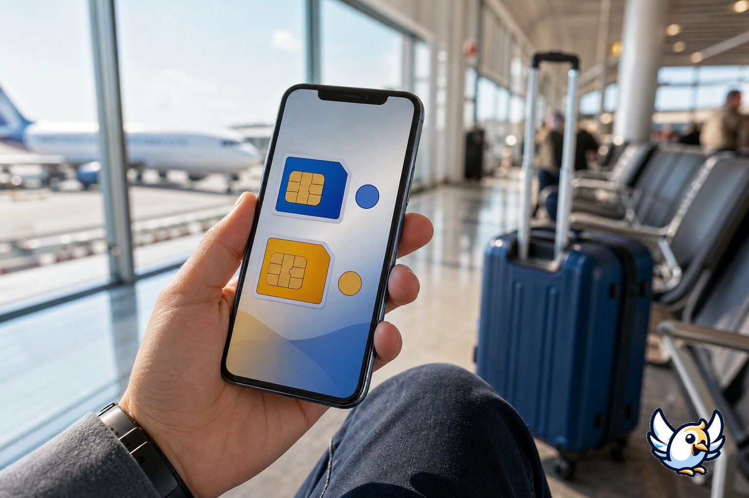 Smartphone double SIM avec ligne principale et eSIM de voyage &agrave; l&rsquo;a&eacute;roport