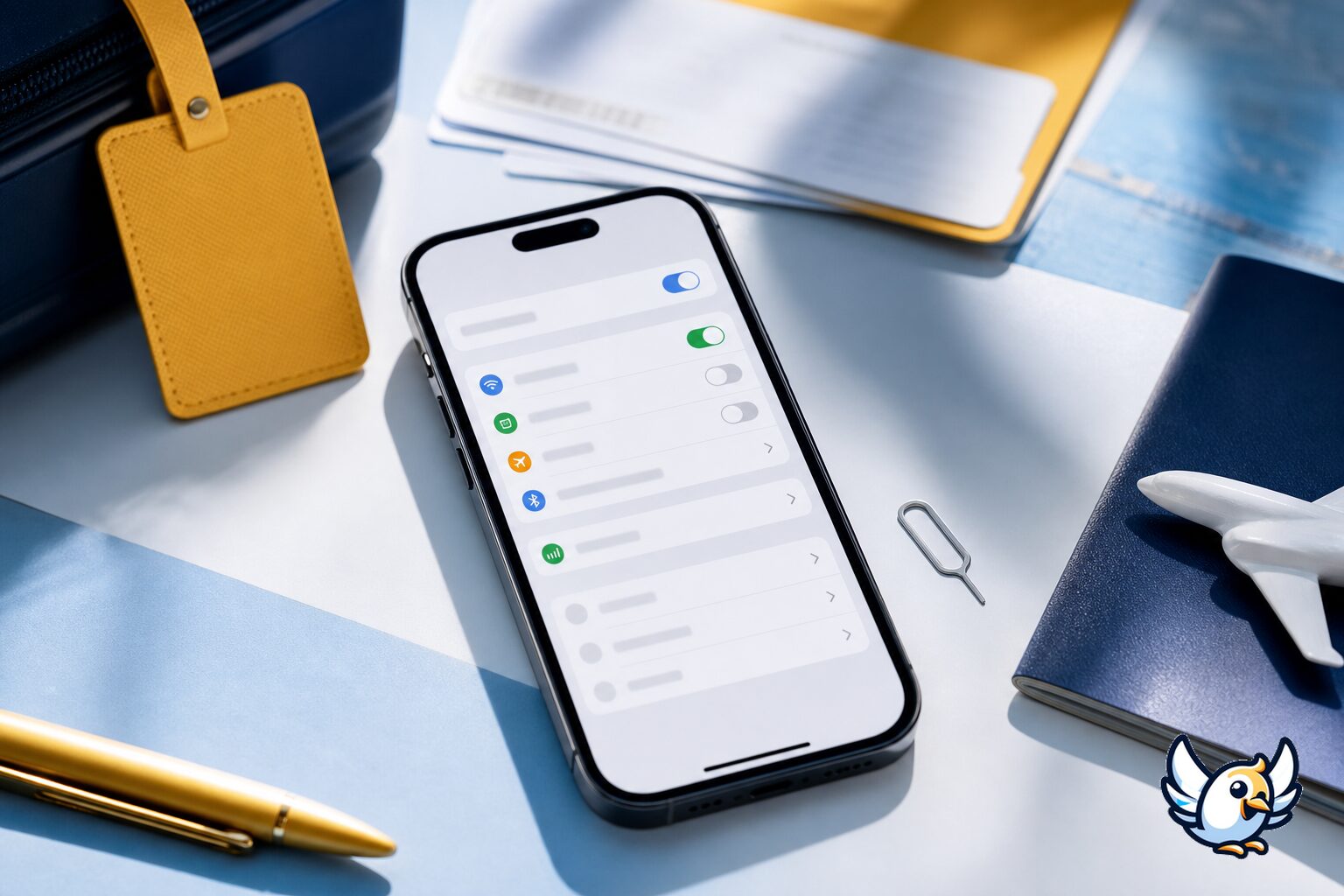 Smartphone mobile network settings beside travel documents