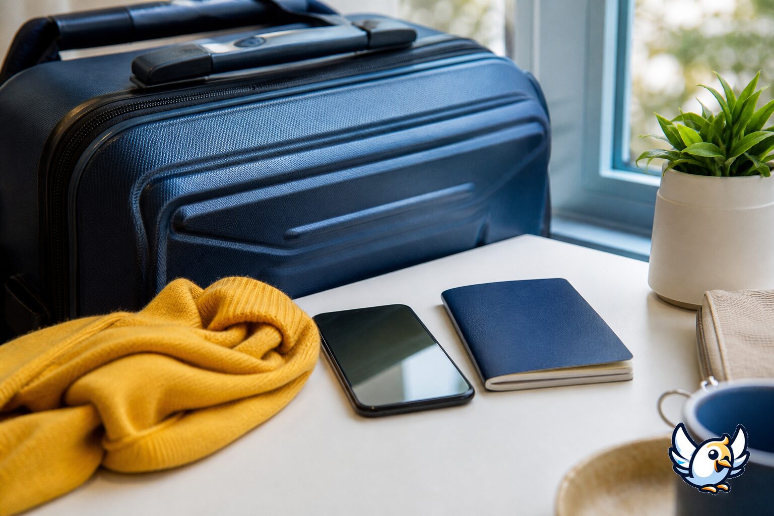 Smartphone paspoort en koffer klaar voor veilige eSIM-installatie voor vertrek