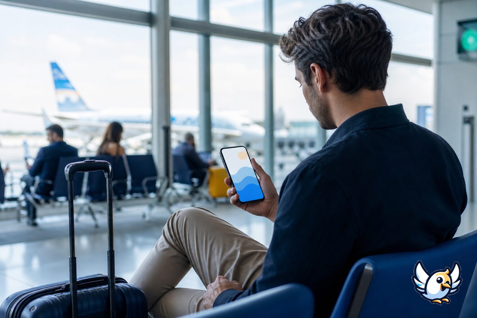 Traveler checking mobile data usage at an airport departure gate