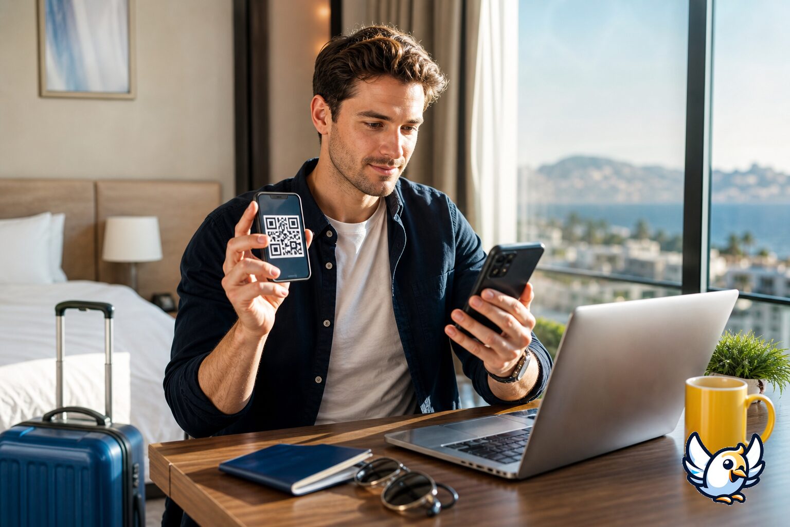 Traveler setting up an eSIM backup after a roaming outage abroad