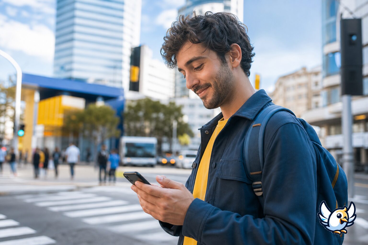 Traveler using phone navigation in a city street