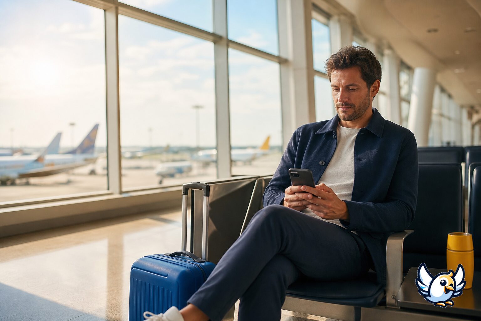 Voyageur v&eacute;rifiant la connexion WiFi de Heathrow sur un t&eacute;l&eacute;phone avant l&rsquo;embarquement