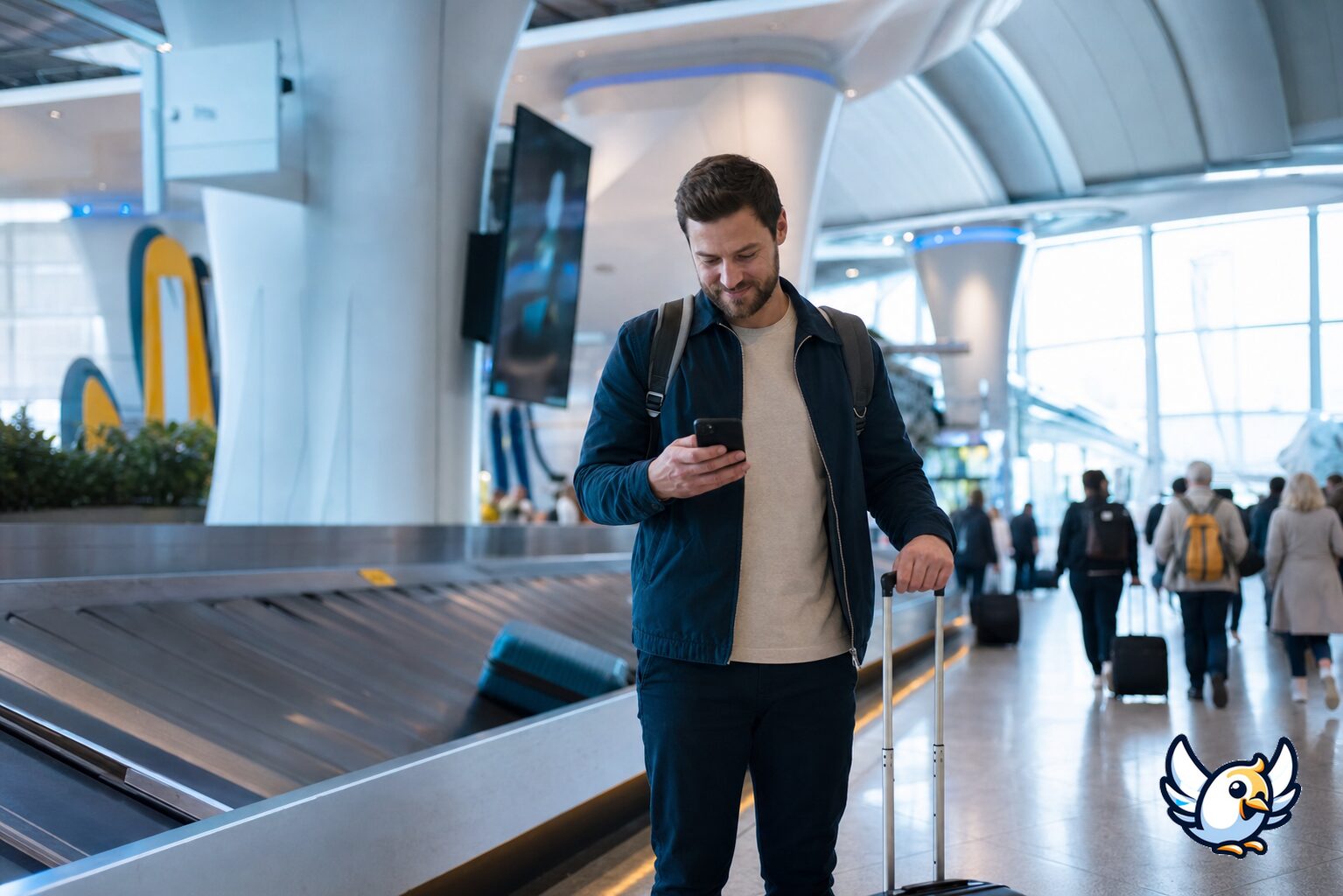 Traveller comparing Heathrow free WiFi and mobile data on a smartphone
