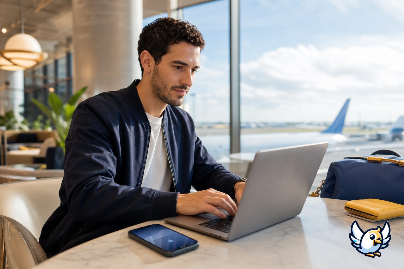 Traveller managing an eSIM remotely from a carrier account on a laptop