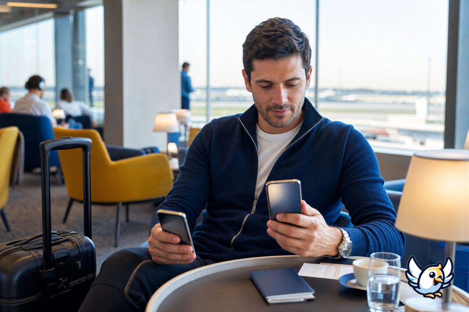 Traveller setting up a replacement eSIM on a second smartphone in an airport lounge