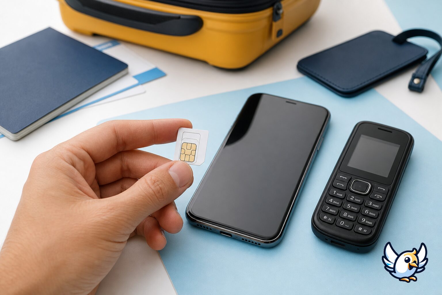 Tre-i-ett-SIM-kort bredvid modern smartphone och &auml;ldre mobiltelefon