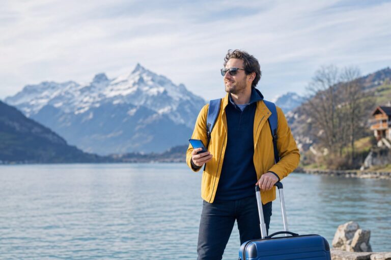 UK Switzerland roaming charges scrapped: viaggiatore con smartphone in Svizzera dopo l’accordo sul roaming