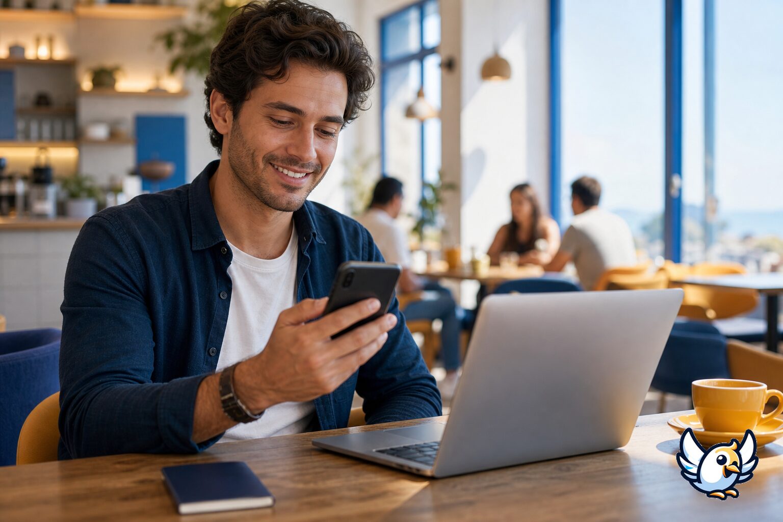 Utaz&oacute; mobilinternet-kapcsolatot tesztel k&aacute;v&eacute;z&oacute;ban