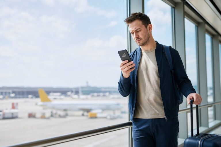 Verizon international roaming outage abroad: traveler without service in an airport