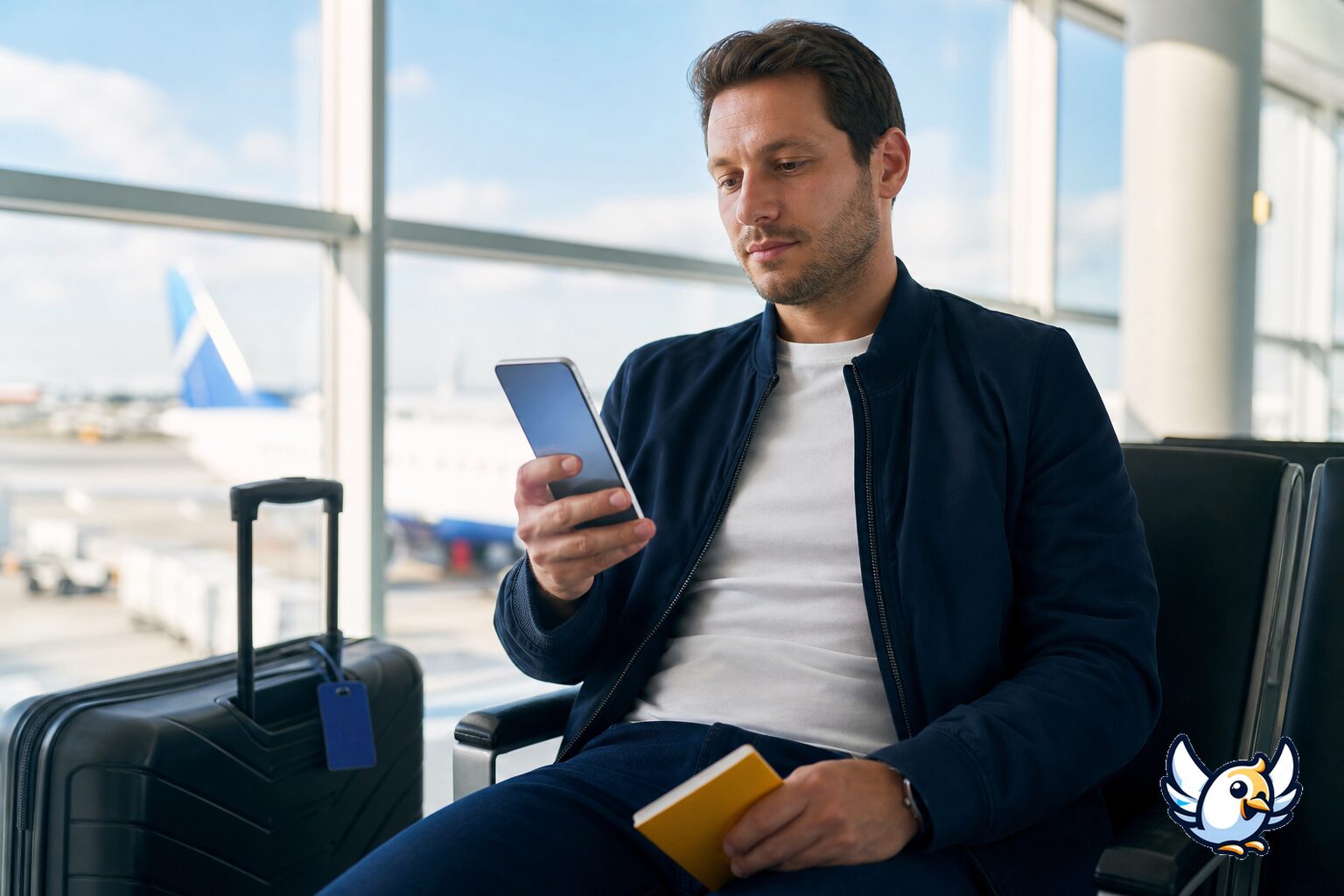 Viaggiatore in aeroporto con eSIM Samsung attiva prima dell&rsquo;imbarco