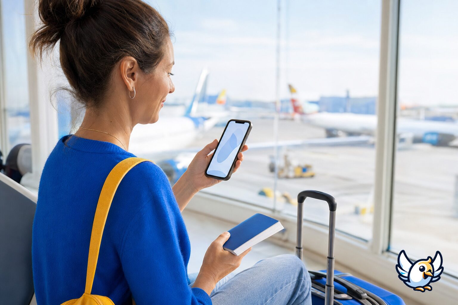 Voyageur consultant une application eSIM sur smartphone &agrave; l&rsquo;a&eacute;roport