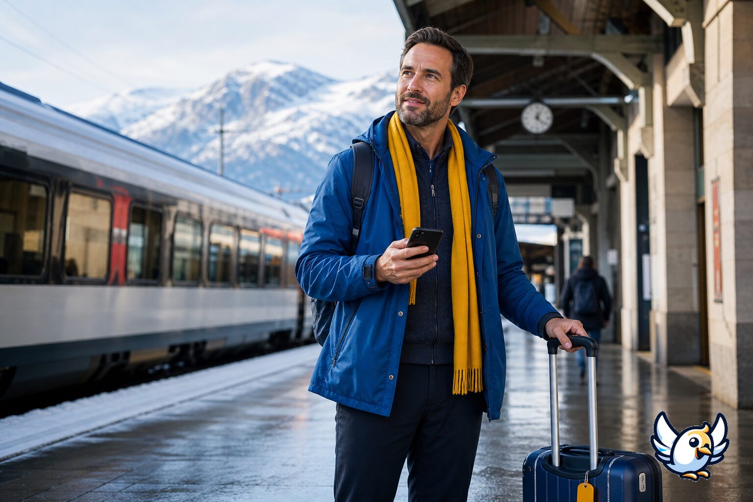 Voyageur en gare suisse avec smartphone et valise pour un d&eacute;part international