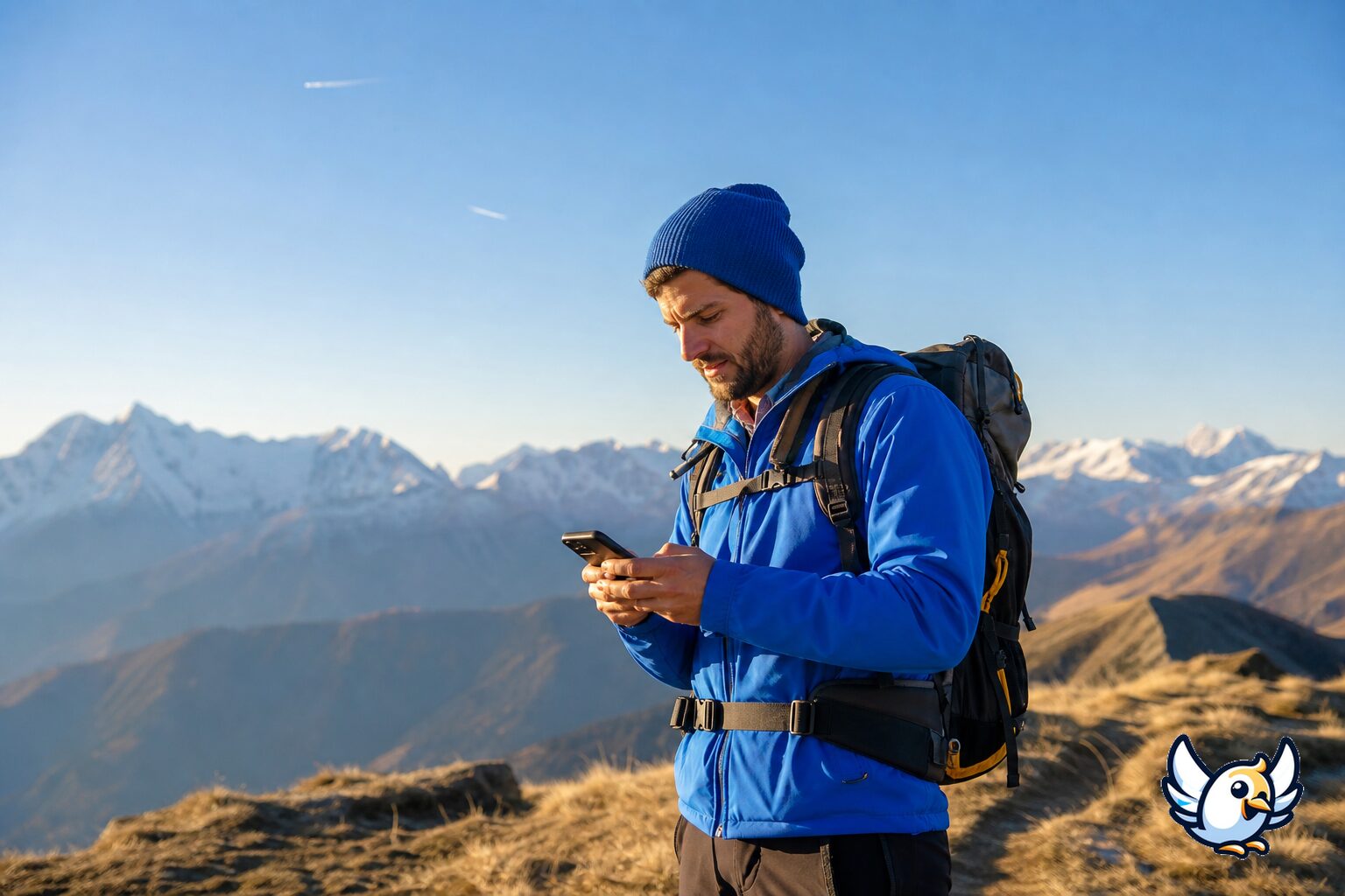 Voyageur en montagne utilisant la connectivité 5G par satellite NTN