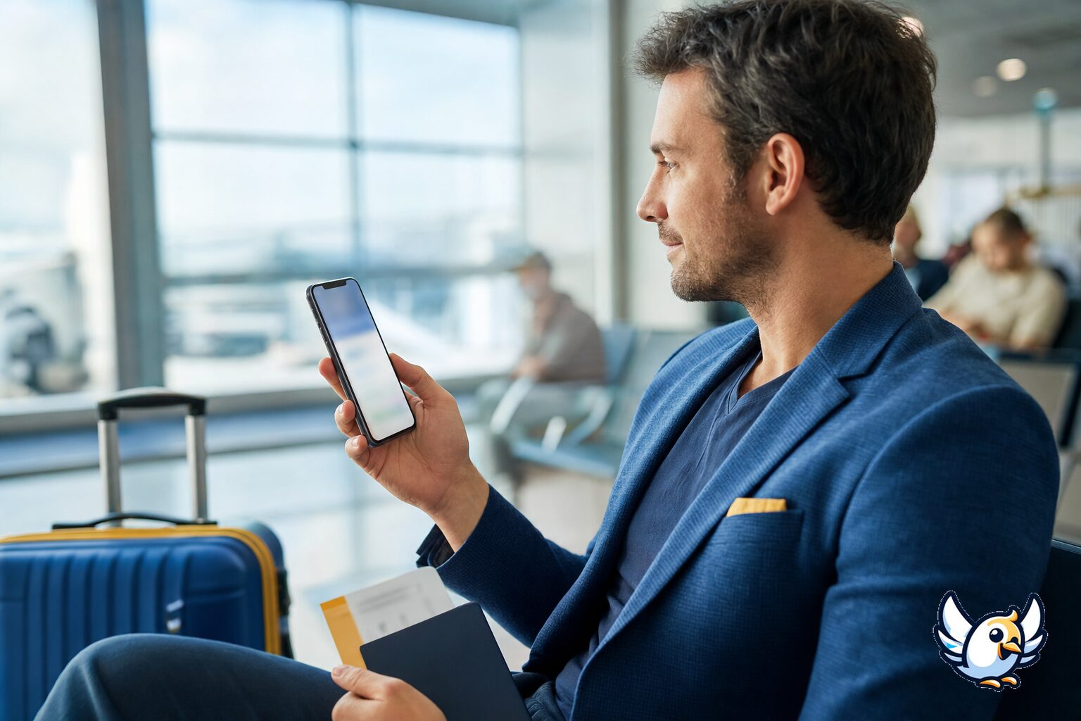 Voyageur fran&ccedil;ais consultant son espace abonn&eacute; mobile avant un d&eacute;part &agrave; l&rsquo;a&eacute;roport