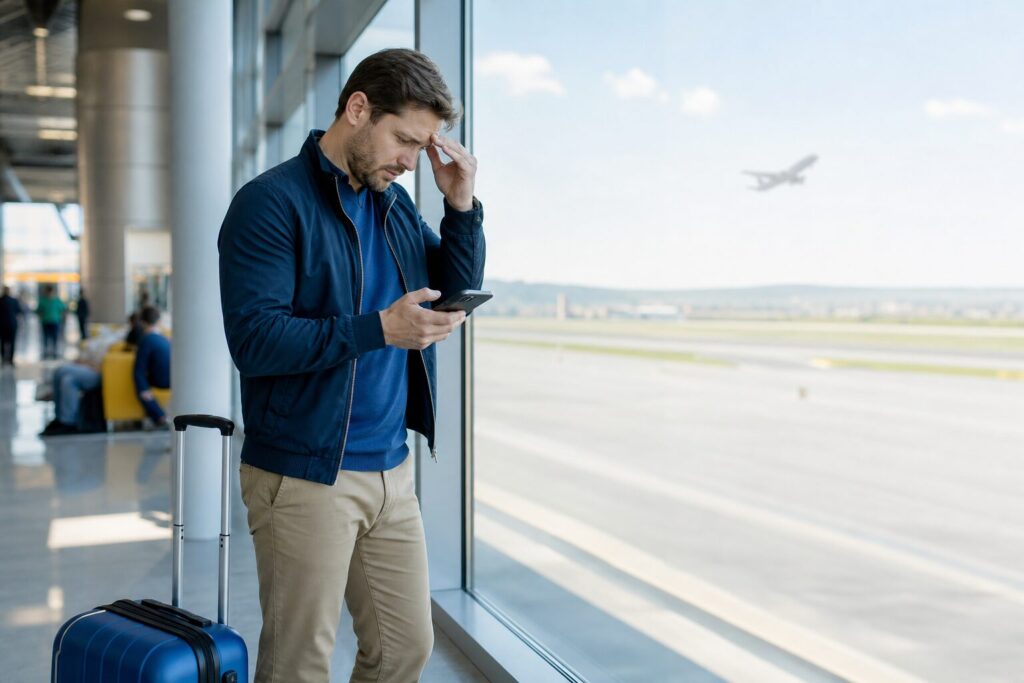 why is my data not working: traveler troubleshooting mobile data on a smartphone at the airport