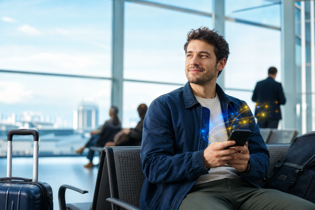 4G einfach erklärt: Reisender nutzt mobiles Internet mit eSIM unterwegs
