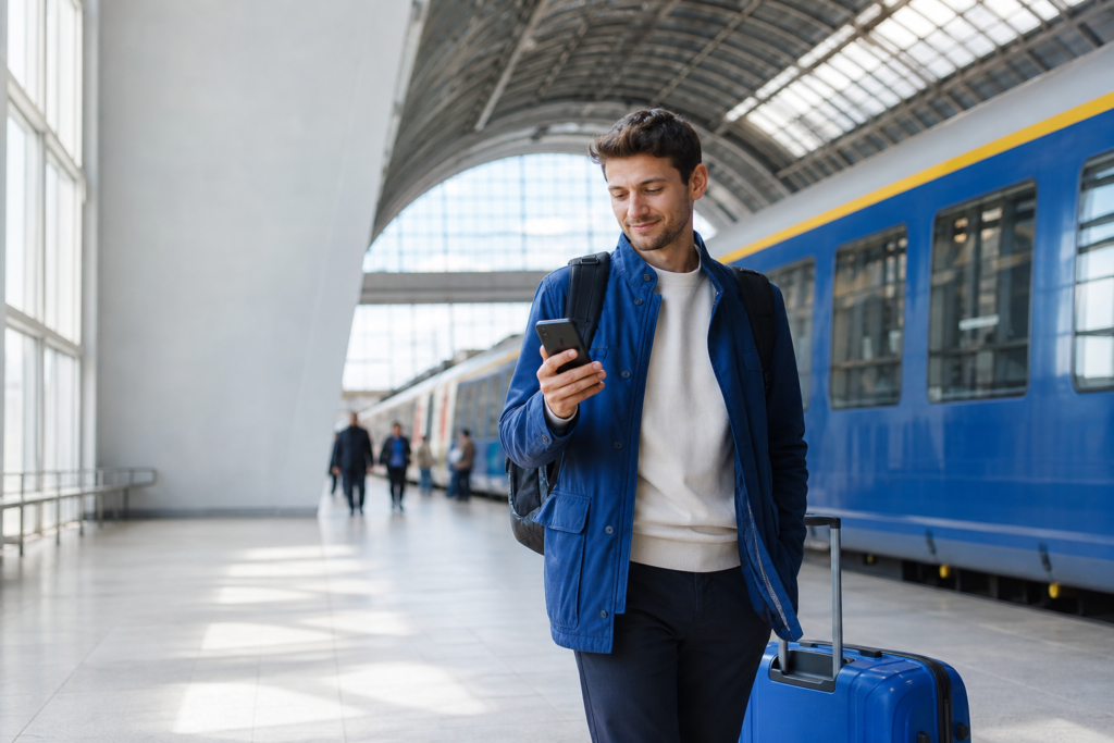 4G em viagem: pessoa a usar dados móveis no smartphone antes de embarcar