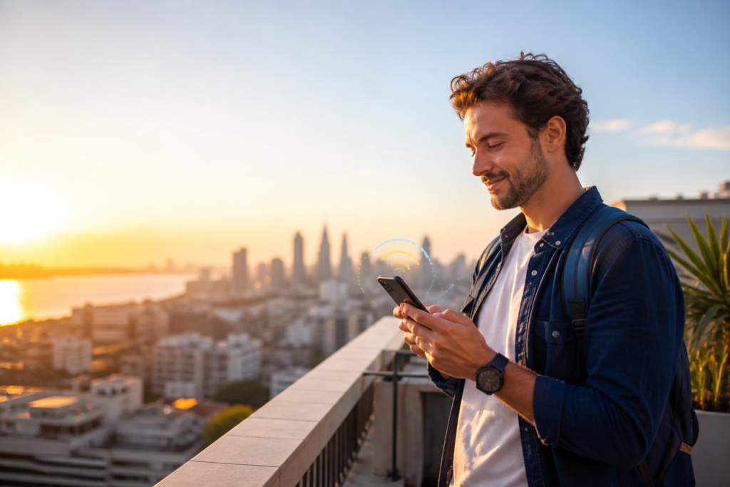 4G en el móvil: persona viajera conectada con buena cobertura de datos