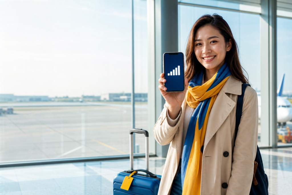 4G mobile data for travel eSIM: connected traveler using a smartphone at the airport