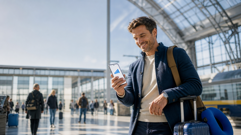 4G : voyageur connecté avec son smartphone en mobilité