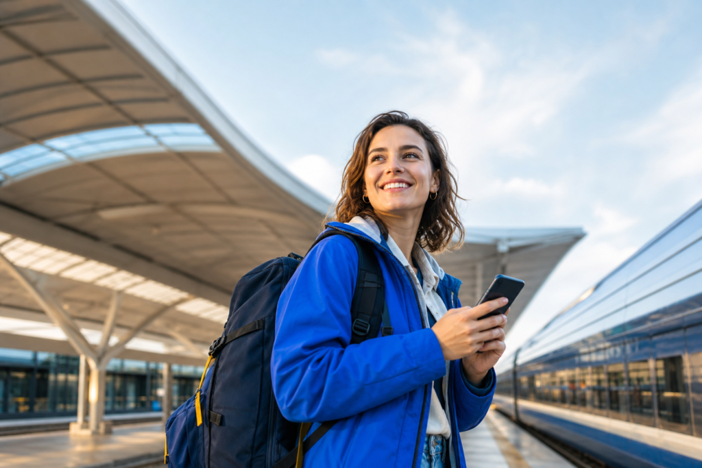 5G e eSIM: viaggiatrice con smartphone connesso prima di partire