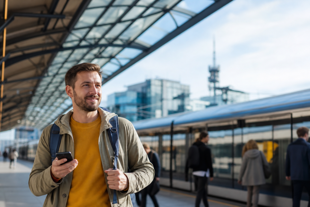 5G en viajes: viajero usando una eSIM 5G en una ciudad moderna