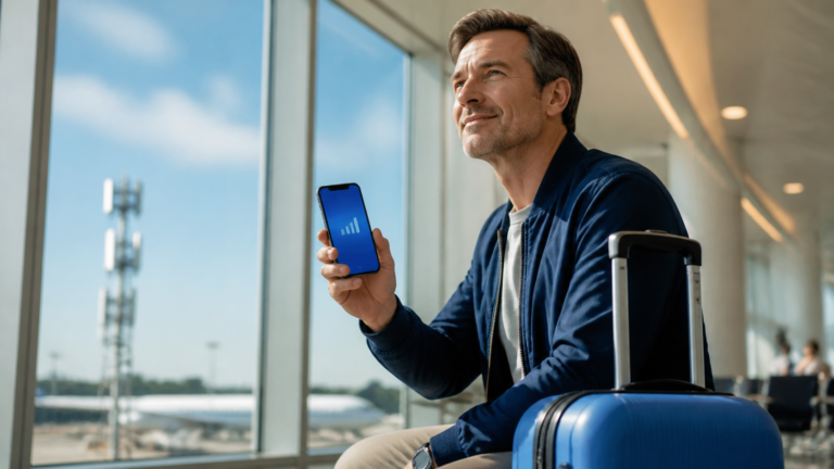 5G en voyage : smartphone connecté avec une eSIM dans un aéroport moderne