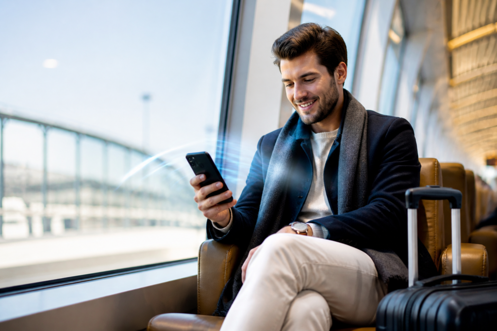 5G travel eSIM guide: traveler using fast mobile data abroad