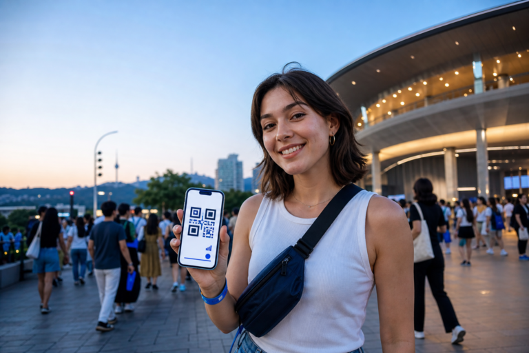 BTS 콘서트 eSIM 사기와 한국 여행 eSIM 안전 선택을 설명하는 서울 여행자 이미지
