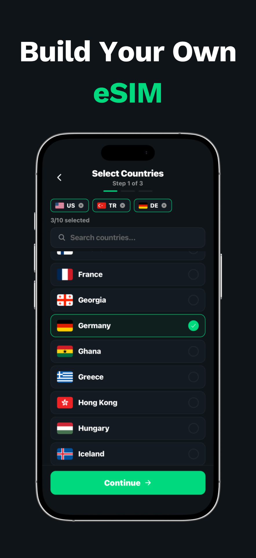 Build Your Own eSIM in the Simbye app: selecting countries for a custom plan