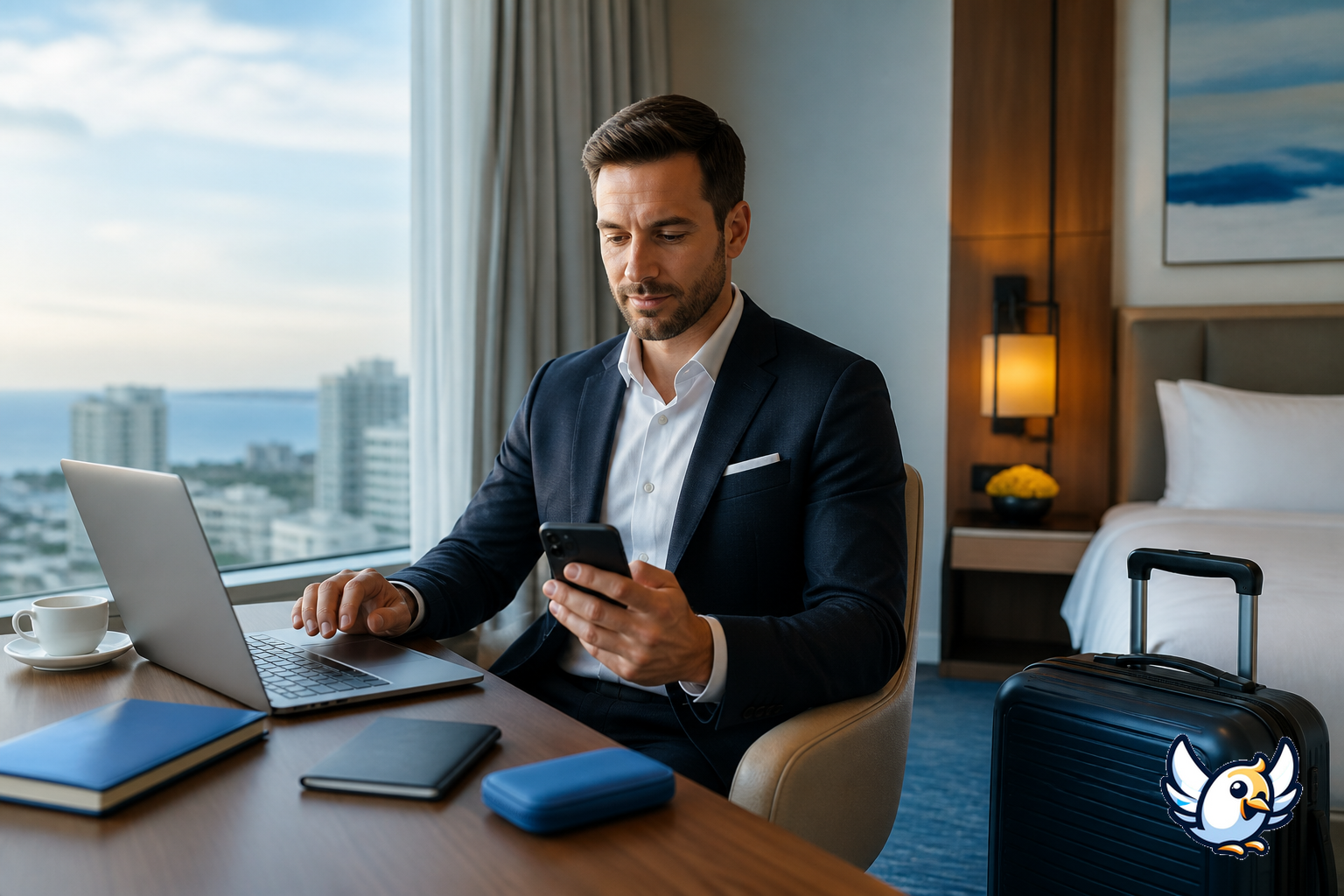 Business traveler testing iPhone mirroring with a laptop before a meeting
