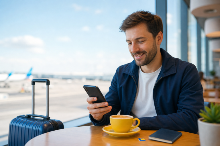 Carte SIM data uniquement : voyageur connecté avec une eSIM avant le départ