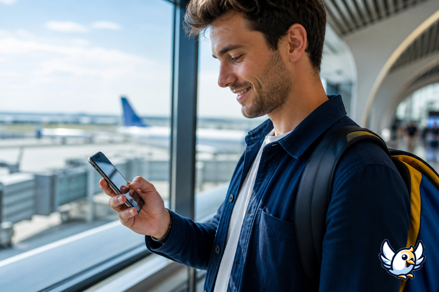Cestovatel kontroluje aktivaci eSIM v telefonu na letišti