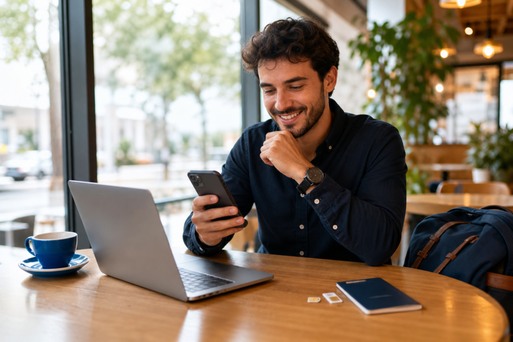 comparativa tarifas móviles: viajero comparando opciones de datos y eSIM en España