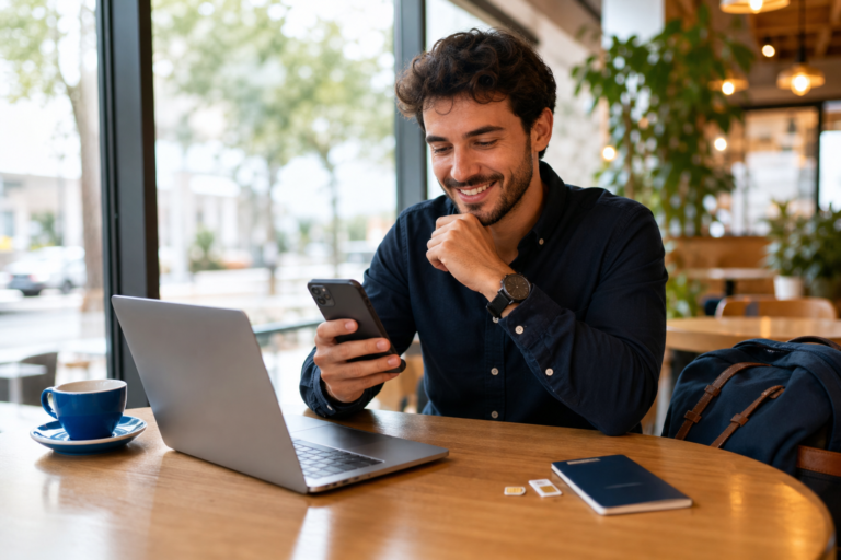 comparativa tarifas móviles: viajero comparando opciones de datos y eSIM en España