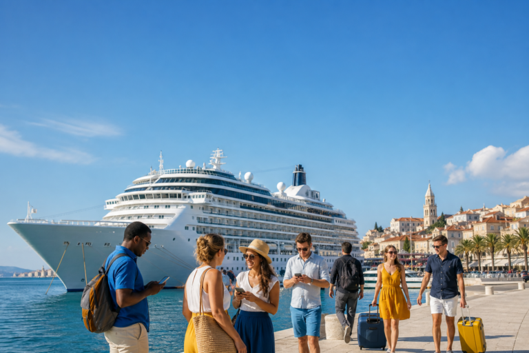 cruise roaming charges in EU ports with a traveller using mobile data near a Mediterranean harbour