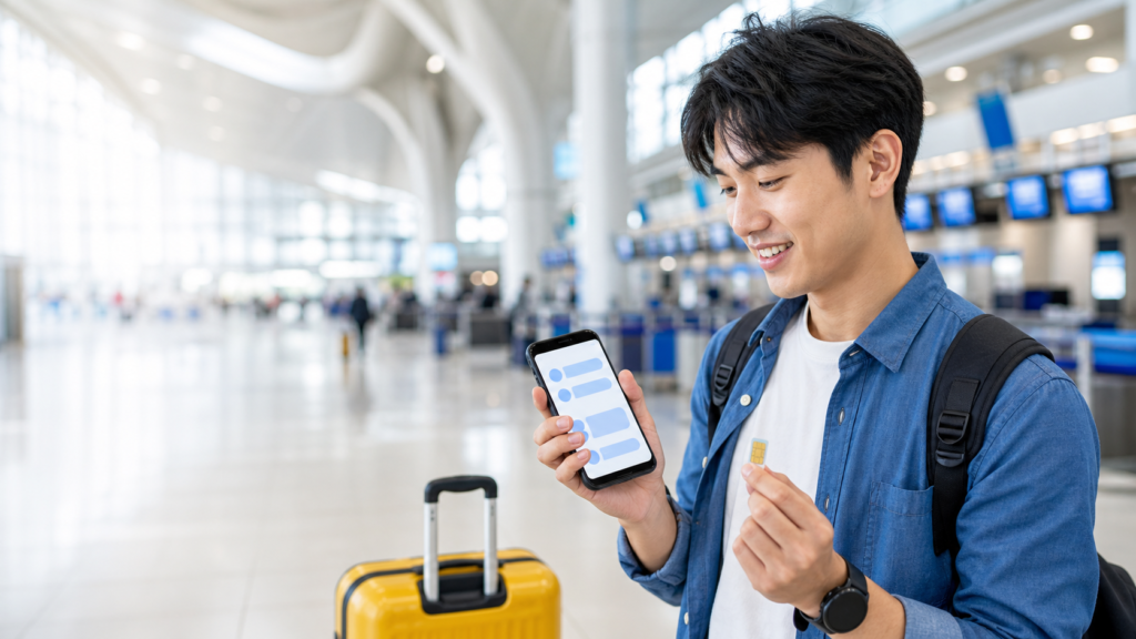 cuánto cuesta una tarjeta SIM: viajero comparando SIM física y eSIM antes de viajar