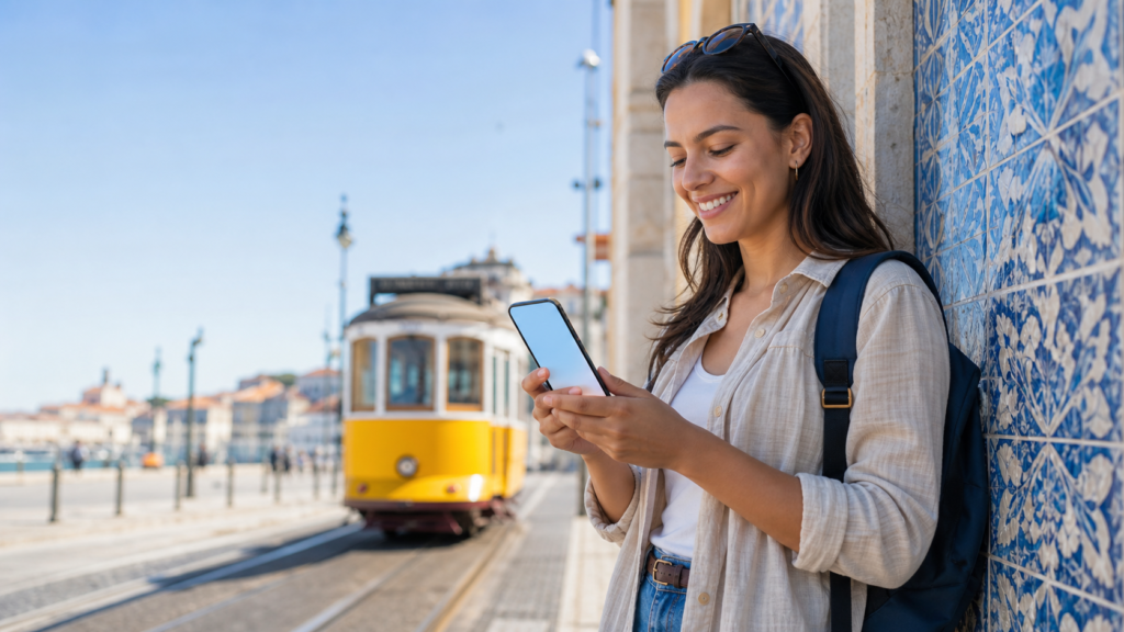 custos de roaming reduzidos Portugal: viajante a usar dados móveis em Lisboa
