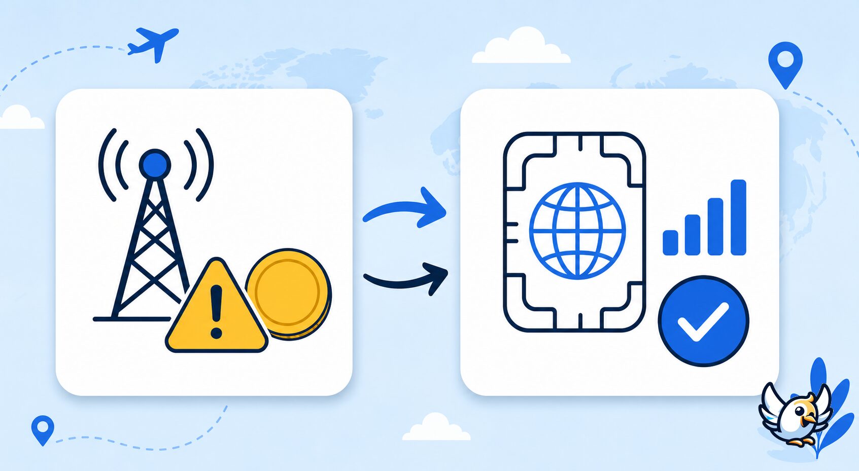 data roaming versus travel eSIM explained with icons