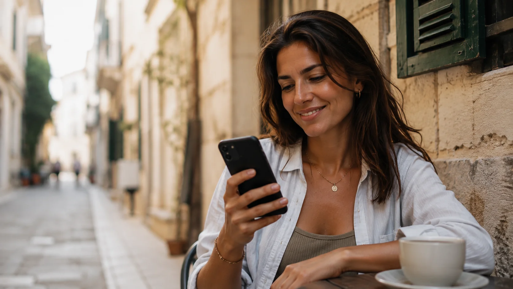 Traveller abroad reading an incoming message on her phone at a street cafe