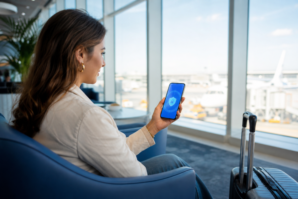 eSIM transfer SMS verification fraud : voyageur protégeant son smartphone contre la fraude par SMS