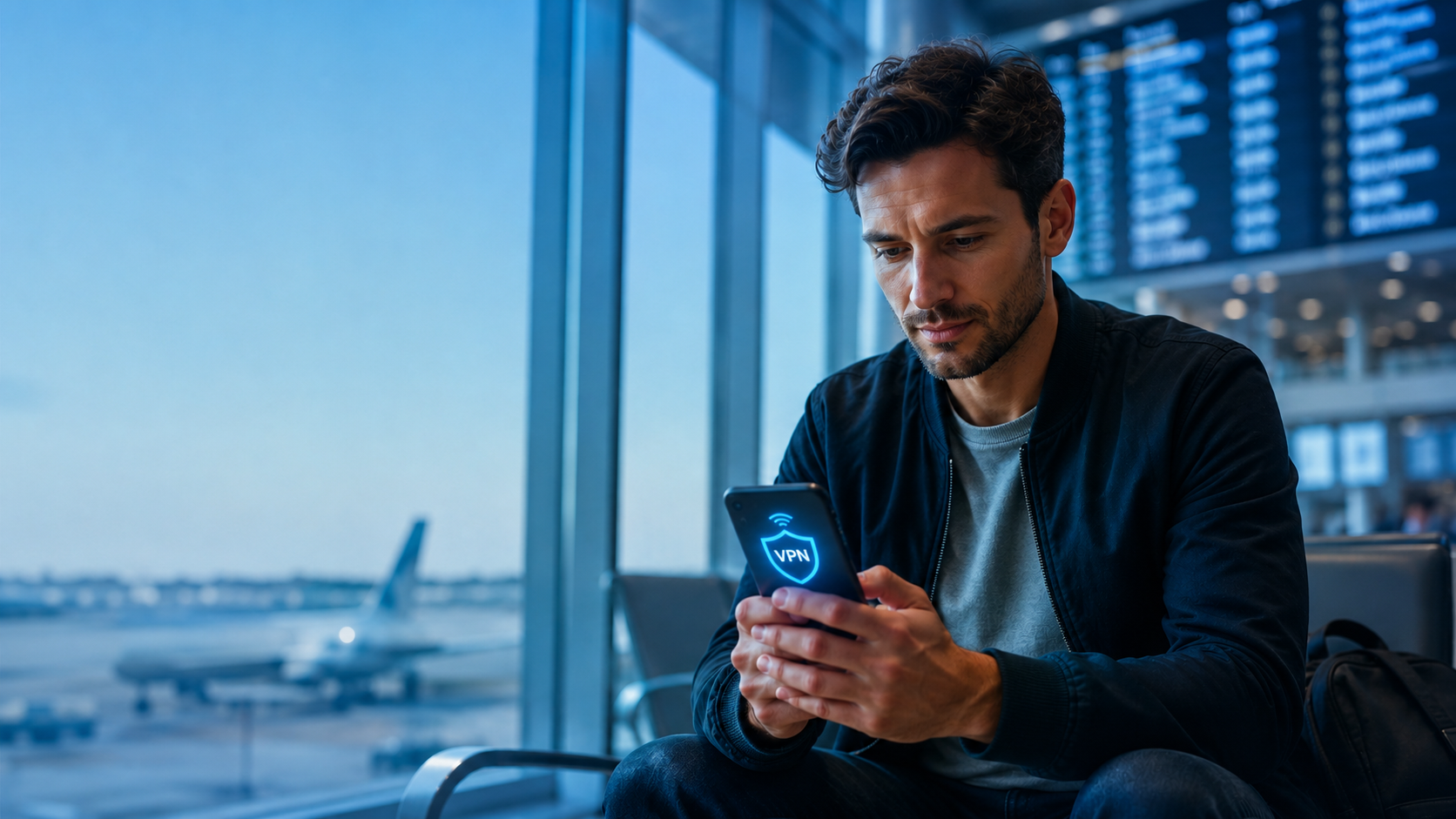 Traveler using a phone with a VPN-protected eSIM connection at an airport