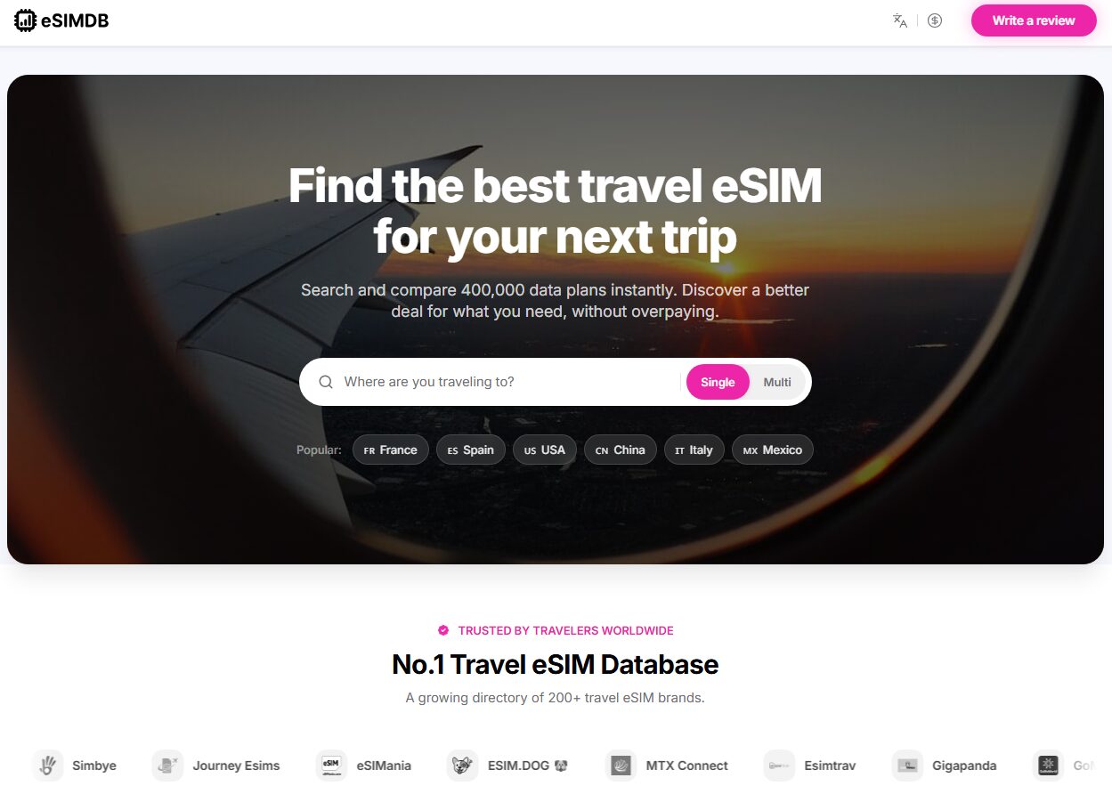 The eSIMDB eSIM comparison homepage