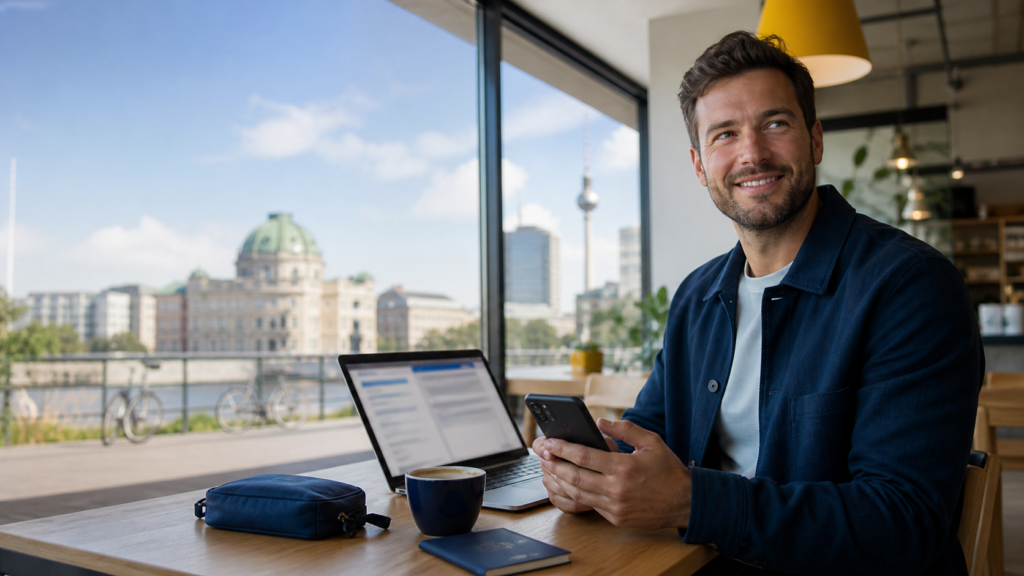 Handytarife Vergleich mit eSIM: Reisender vergleicht Mobilfunktarife am Smartphone
