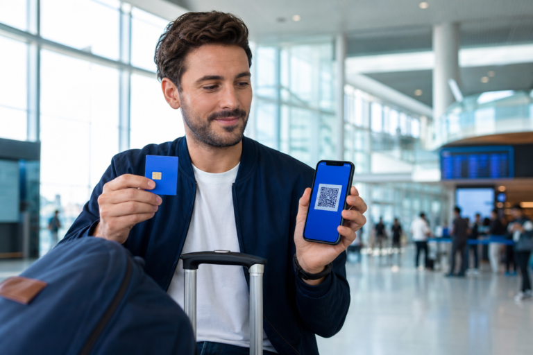 how much are SIM cards: traveler comparing a prepaid SIM and an eSIM at the airport