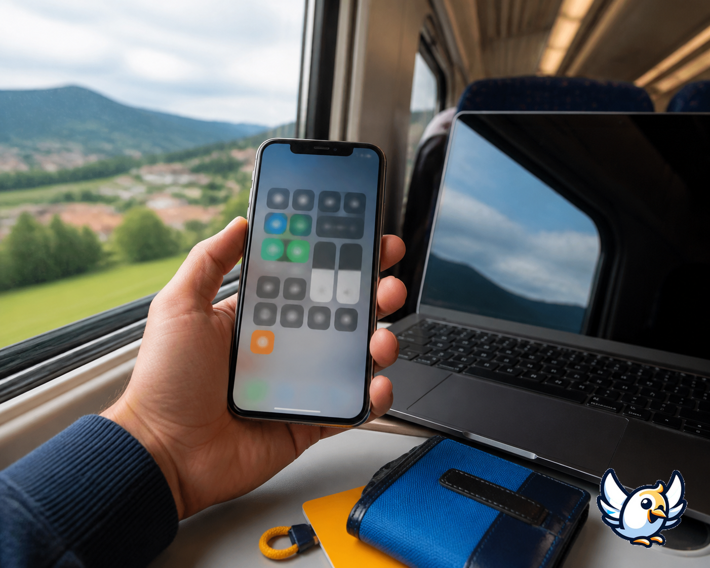 iPhone Control Center beside a laptop on a European train table